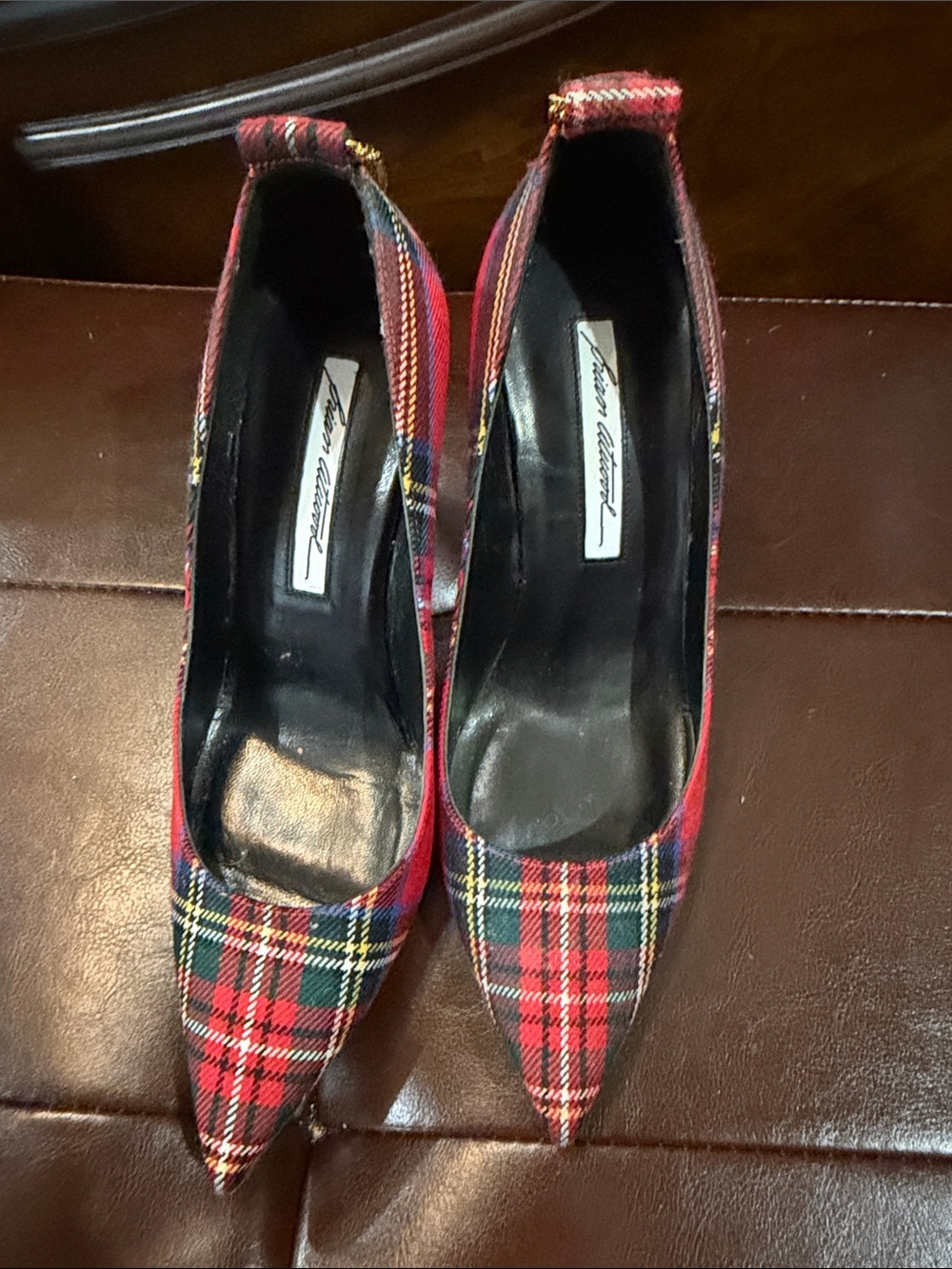 Brian Atwood Red Tartan Pointed Toe Pumps